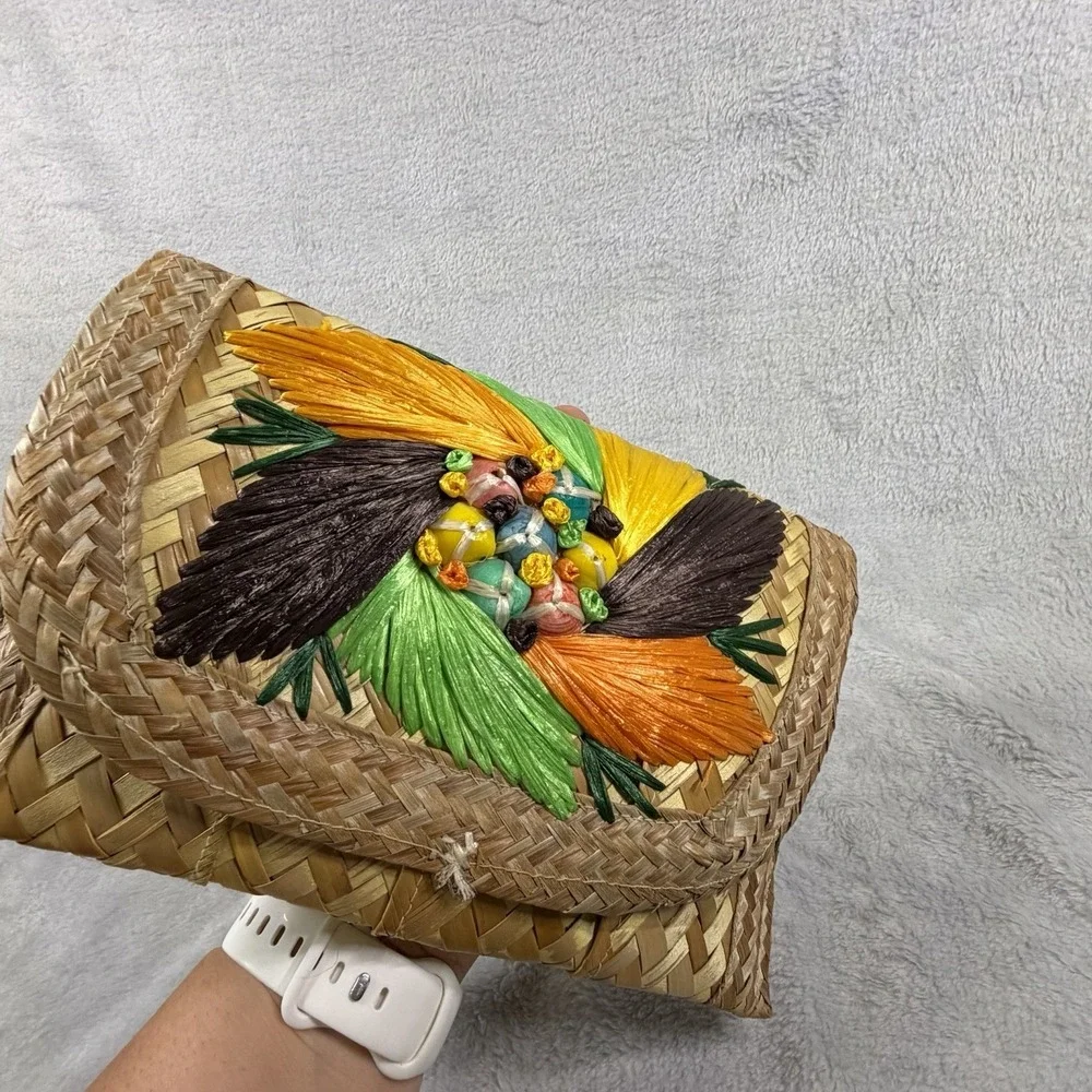 Vintage Woven Straw Envelope Clutch Colorful Raffia Tassel Beaded Boho‎ Bag